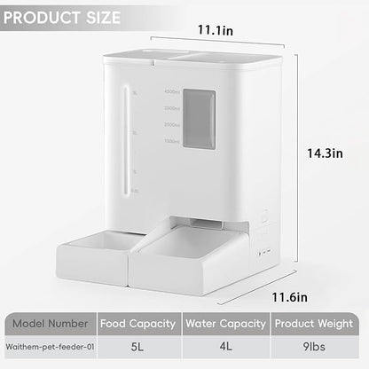 Waithem Wi-Fi Automatic Pet Feeder and Waterer for Cats&Dogs, 2-in-1 Set 5L Large Capacity for 2 Weeks, Intuitive App Operation, 2 Way Power Supply, Detachable for Cleaning
