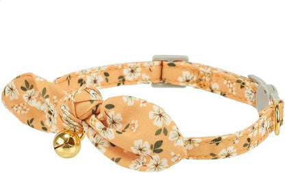 2 Pack Cotton Cat Collar, Removable Bowtie, Floral Pattern, Safety Breakaway Clasp, Adjustable for Cats.(Adult Cat, Yellow+White)