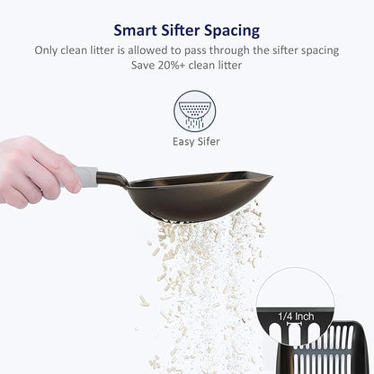 WePet Cat Litter Scoop, Non-Stick Plated Aluminum Alloy Sifter, Kitty Durable Metal Scooper, Deep Shovel, Long Handle, Kitten Pooper Lifter, Size Large, Coated Black Body with Grey Handle