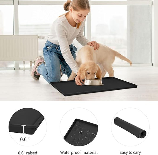 Dog Food Mat,Silicone Waterproof Food Tray,Non Slip Pet Bowl Mats Placemat,0.6" Raised Edge,Suitable for Most Small and Medium Sized Pets,24" x 16"