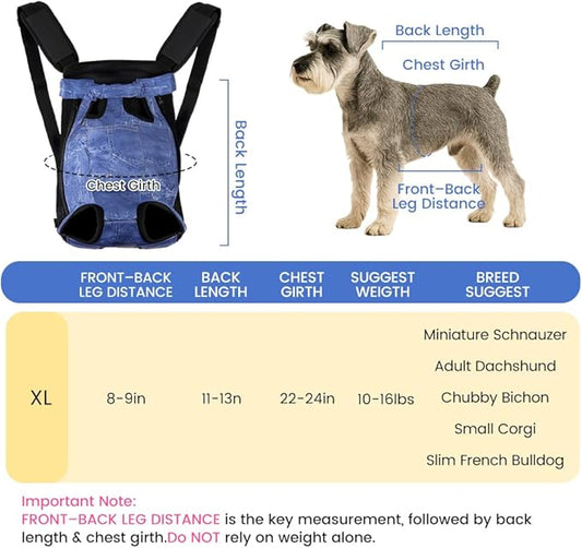 Dog Backpack Carrier, Front Pocket for Essentials, Pet Sling Front Backpack for Small Medium Dogs 10-16 Lbs, Legs Out, Adjustable Wearable Puppy Chest Travel Bag, Easy-Fit for Hiking/Walking/Camping