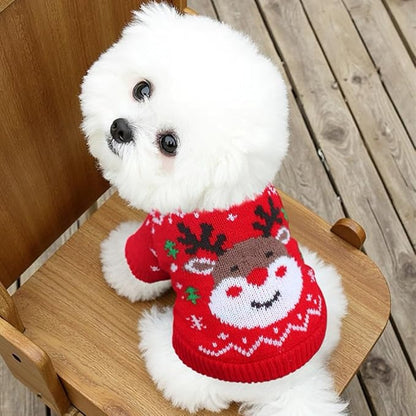 Christmas Dog Outfit Red Puppy Sweater for Small Dogs Girl Boy Elk Snowflake Cat Knitwear Reindeer Knitted Pet Clothes Santa Deer Costume for Chihuahua Yorkie Poodle (Red-2, Large)