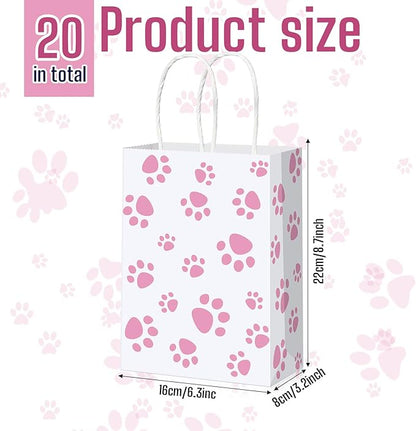 Blulu 20 Pcs Puppy Dog Paw Gift Bags with Paper Twist Handles, Dog Gift Paper Paw Treat Goodie Bags for PET Treat Party Favor, 6.3 x 3.1 x 8.6 Inch(White Backing, Pink Paws)