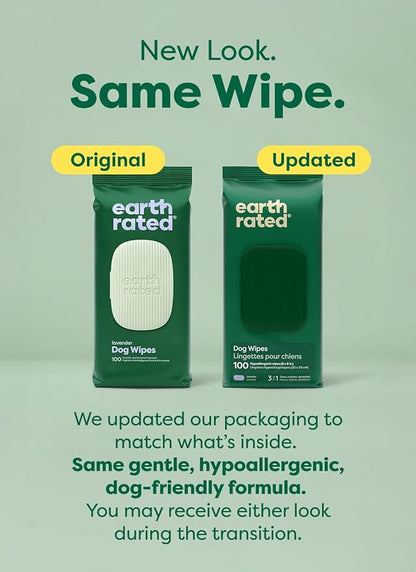 Earth Rated Dog Wipes, Hypoallergenic, 3-in-1 Cleaning and Hydrating, for Grooming Paws, Body and Butt, Lavender Scented, 100 Count