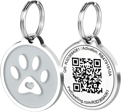 Pet Dwelling QR Code Pet ID Tag – Smart Dog & Cat ID Tags for Pet Safety, Free Personalized Online Profile, Instant Scan Alerts, AI Insights (Gray Paw)