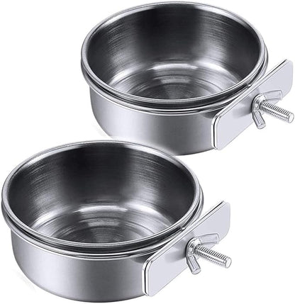 PINVNBY 2PCS Parrot Feeding Cups Birds Food Dish Stainless Steel Parrot Feeders Water Cage Bowls with Clamp Holder for Cockatiel Conure Parakeet Macaw Small Animal (Size: L)
