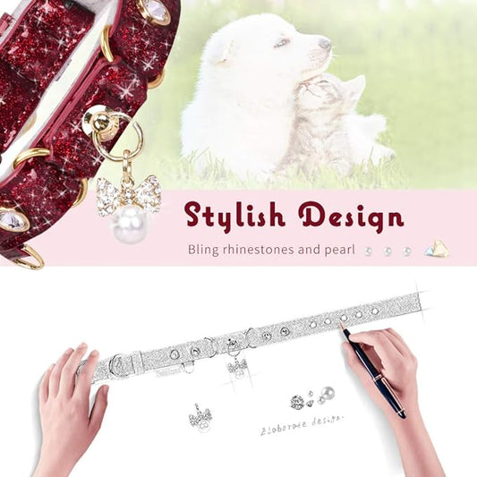 PetsHome Cat Collar, Dog Collar, [Bling Rhinestones] PU Leather Adjustable Pet Collar with Luxury Pendant for Cat and Small Dog Extra Small Wine Red