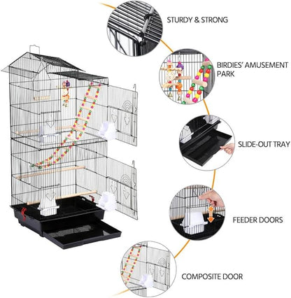 Yaheetech 39-inch Roof Top Large Flight Parrot Bird Cage for Small Quaker Parrot Cockatiel Sun Parakeet Green Cheek Conure Budgie Finch Lovebird Canary Pet Bird Cage w/Toys