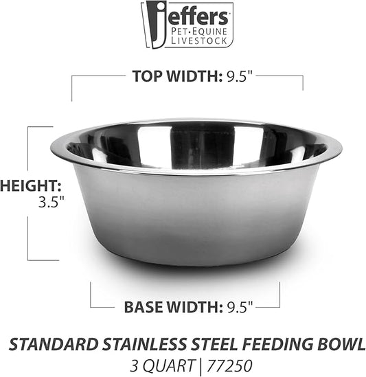Jeffers Pet Standard Weight Stainless Steel Bowls for Dogs, Cats, Puppies, Kittens, Food & Water, Durable Feeding Dish, Travel, Camping, Indoor Outdoor Use, Dishwasher Safe - 3 Quart 12 Pack