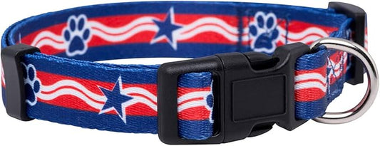 Native Pup American Flag Dog Collar- Red White and Blue- Patriotic Collars for 4th of July, USA- Adjustable Small, Medium, Large Breed Dogs (Medium, Paws)