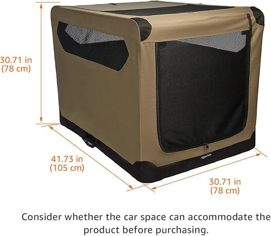 Amazon Basics Portable Folding Soft Dog Crate, Double Door, Collapsible Travel Kennel, Easy to Set Up, Sturdy, Secure, XL 42" x 31" x 31", Tan