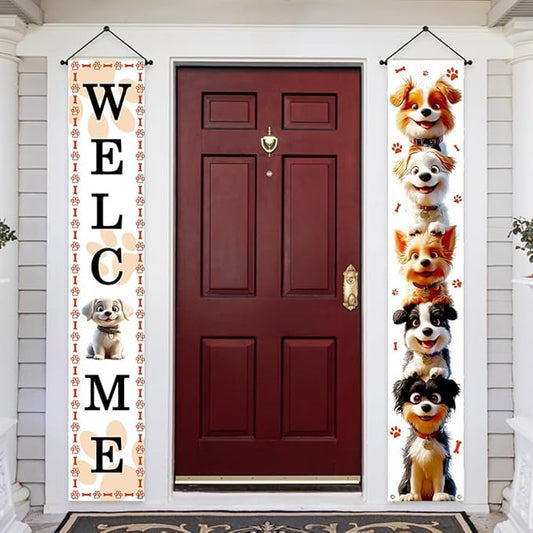 Aperturee Happy Dog Day Porch Banner, 12x72 Inch, Dog Paw Print Design with Cute Puppy Image, Welcome Sign for Pet Lovers, Outdoor Pet Decor, Funny Pet Lover Gift, Weather-Resistant Yard Sign for Porch