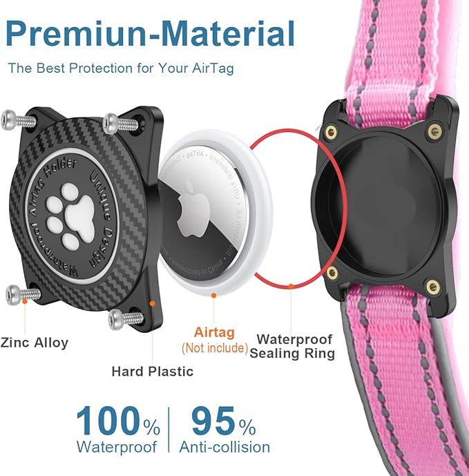 Airtag Dog Collar with Waterproof Air Tag Holder, Luminous Reflective, Soft Padded, Adjustable Nylon Pet Collar for Small Medium Large Heavy Duty Dogs,Pink, XL