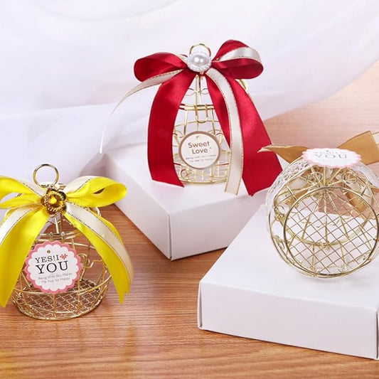 Beaupretty 6pcs Birdcage Shape Tinplate Candy Box Elegant Wedding Favor Containers for Sweets Treats and Decorative Hollow Chocolate Cases Golden Finish