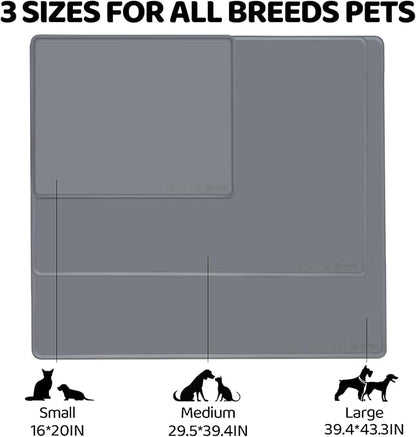 Extra Extra Large Silicone Dog Food Mat 39.4×43.3in and 128oz Silicone Bag Set, Super Size Waterproof Pet Feeding Mat & Container, Non-Slip, Chew-Resistant Floor Protection (Dark Grey&Clear)