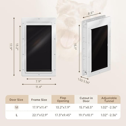 Never Rust Dog Door with Durable Plastic Frame, Medium Doggy Door for Interior and Exterior Doors, Doggie Door with Magnetic Flaps, Closing Panel, Telescoping Tunnel, for Pets Up to 45lb