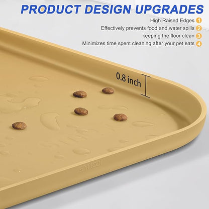 Silicone Pet Feeding Mat with Raised Edge for Food and Water, Dog Bowl Mats, Cat Bowls Placemat with High Lip for Floor Waterproof, Rubber Tray for Cats and Dogs 22 x 14 x0.8 Dark Beige