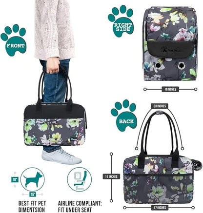 PetAmi Dog Purse Carrier for Small Dogs, Airline Approved Soft Sided Pet Carrier with Pockets, Ventilated Dog Carrying Bag for Puppy Cat, Dog Travel Supplies Bag, Sherpa Bed, Max 12 lbs, Floral Gray