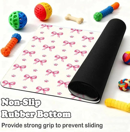 Pink Bow Dog Food Mat for Pet Cat Food Mat, Paws Absorbent Quick Dry Dog Bowl Mats for Food and Water, Non-Slip Cat Pet Feeding Mats for Floor Placemats 12"x20"