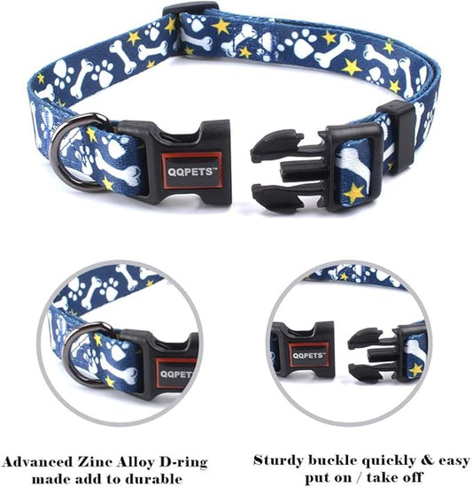 QQPETS Adjustable Soft Dog Collar: Print Flower Pink Multicolor Cute Patterns for XS Small Medium Large Pet Girl Boy Puppy Walking Running Training (M, Bone)