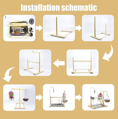 Bird Stand Fun Straw Bell Toys,Parrot Wooden Platform Stand with Perch Ladder, Swing, Bell & Feeder