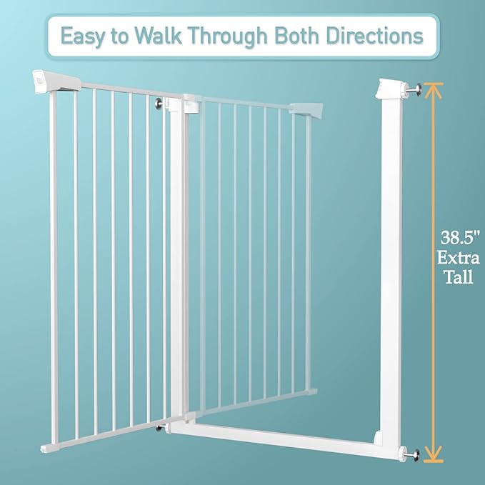 Fairy Baby 38" Extra Tall Baby Gate for Stairs and Doorways, 59.9"-65.3" Extra Wide Long Pet Gate, Metal Auto Close Safety Child Gate Fence for Puppy Pet, Pressure Mounted Walk Through Gate, White