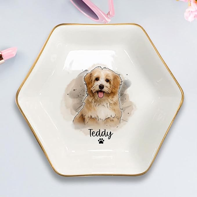 Custom Dog Cat Portrait Ring Dish, Personalized Pet Trinket Dish with Pet Photo & Name, Dog Mom Jewelry Tray, Engagement Gift, Keepsake for Dogs Lovers, Wedding, Pets Memory Gifts
