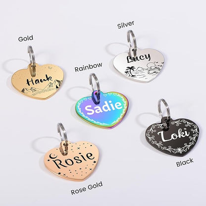 YEHANTI Dog Tags Personalized for Pets with Name Pattern Art Design - Engraved with Laser - Stainless Steel Cats Dogs ID Tags - Stylish Dog Collar Accessories (Heart)
