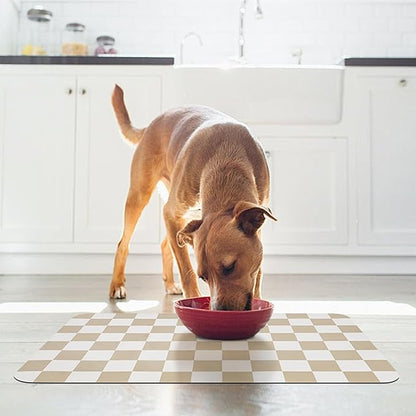 Checkered Dog Food Mat, Absorbent Leak-Proof Pet Feeding Mat, Quick Dry Cat Food Mat for Messy Drinkers 17" x 32" Khaki