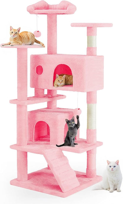 Cat Tree 54 Inch, Multi-Level Cat Tower with Condo, Perches, Sisal Scratching Posts and Climbing Ladder, Pet Play Toy Balls House for Indoor Cats, Pink