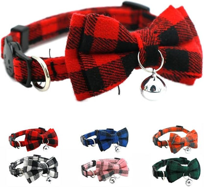 Red Plaid Cat Collar with Bell and Bow, Breakaway Kitten Collar with Bells Bowtie Puppy Collars for XXS Xs Small Little Tiny Pet Dogs Boy Girl, for Christmas Hoilday Birthday Party