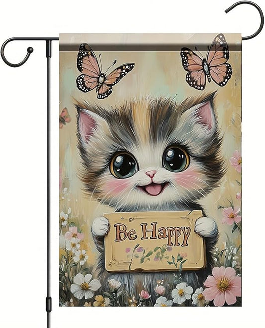 Be Happy Cat Garden Flag 12x18 Inch Double Sided Outdoor Yard Banner Cute Kitten with Butterflies and Flowers for Spring Summer Patio Porch Lawn Home Decoration