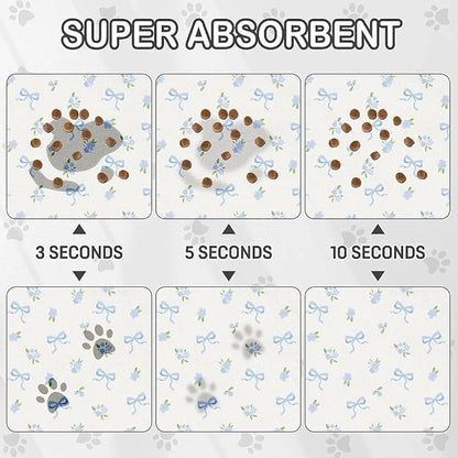 Dog Food Mat for Pet Cat Food Mat, Blue Bows Floral Absorbent Quick Dry Dog Bowl Mats for Food and Water, Non-Slip Cat Pet Feeding Mats for Floor Placemats 12"x20"