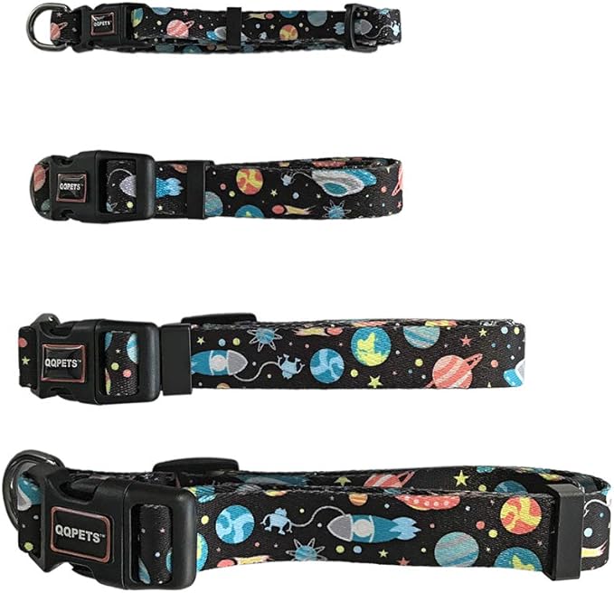 QQPETS Adjustable Soft Dog Collar: Print Flower Pink Multicolor Cute Patterns for XS Small Medium Large Pet Girl Boy Puppy Walking Running Training (M, Space)