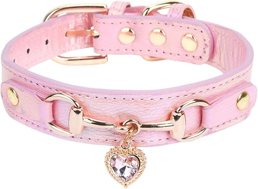 THAIN Fashion Dog Collar with Bling Diamonds & Heart Charm – 5 Holes Adjustable PU Leather Rhinestones Necklace Collar, Gold Buckle for Small Medium Dogs Girl (Pink, S)