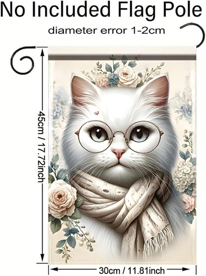 Cat Garden Flag 12x18 Inch Double Sided Outdoor Yard Banner White Cat with Glasses and Scarf Floral Design for Spring Summer Patio Porch Lawn Decoration