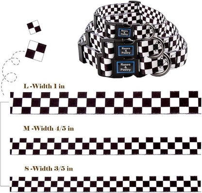 Roses&Poetry Dog Collar with Colourful Checkered Patterns, Adjustable Durable Puppy Collars for Small Medium Large Dogs (Black & White-XS)