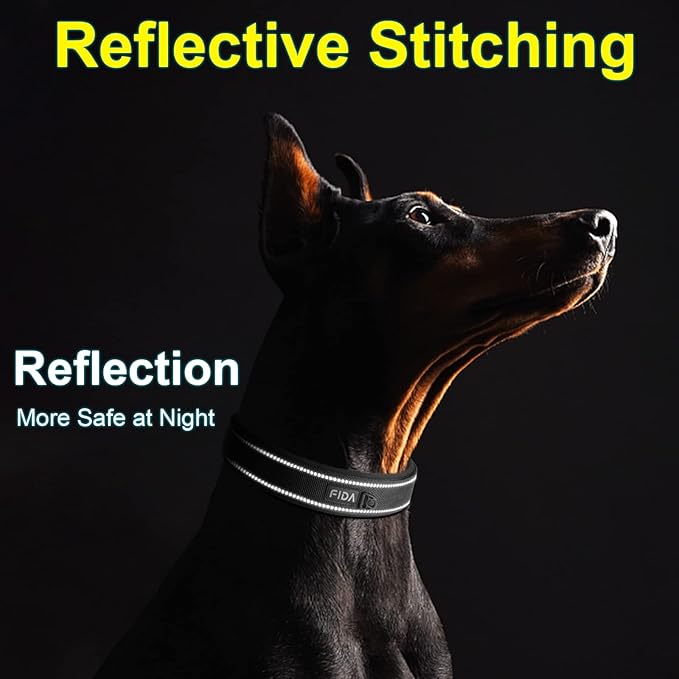 Fida Heavy Duty Dog Collar, Ultra Comfortable Soft Neoprene Padded, Adjustable Reflective Nylon Pet Collar with Durable Metal Belt Buckle for Medium Breeds (M, Black)