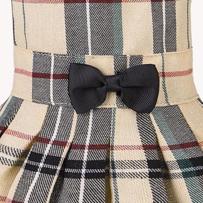 PUPTECK Classic Beige Plaid Dog Dress with Bow Puppy Skirt Clothes L - Image 4
