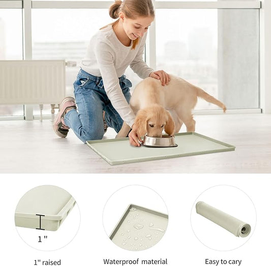 Dog Food Mat,Silicone Waterproof Food Tray,Non Slip Pet Bowl Mats Placemat,1" Raised Edge,Suitable for Most Small and Medium Sized Pets,32" x 24"
