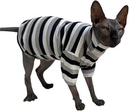 Vintage Stripes Sphynx Hairless Cats Shirt Cotton Cat Turtleneck Pet Clothes Kitten T-Shirts with Sleeves for Sphynx Cats (Black Grey White, Medium)