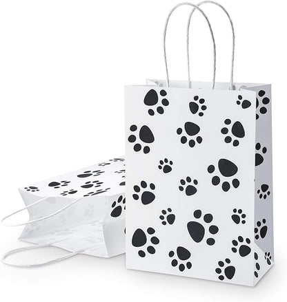 Blulu 20 Pcs Puppy Dog Paw Gift Bags with Paper Twist Handles, Dog Gift Paper Paw Treat Goodie Bags for PET Treat Party Favor, 6.3 x 3.1 x 8.6 Inch(White Backing)