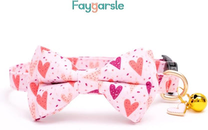 Faygarsle 2 Pack Valentine's Day Cat Collar Cute Loving Heart Printed Collar with Bow tie Breakaway Pink Purple Cat Collar for Boy Girl Cats