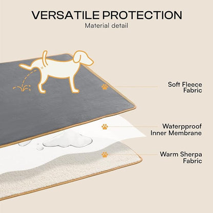 Luciphia Waterproof Pet Blanket, Liquid Pee Proof Dog Blanket for Sofa Bed Couch, Reversible Sherpa Fleece Furniture Protector Cover for Small Medium Large Dogs Cats, Grey+Beige Large（65" x 57"）