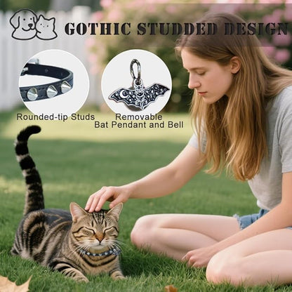 2 Pack Leather Cat Collar Breakaway with Bells and Pendant Adjustable Spiked Kitten Collar for Boy Cats Gothic Studded Cat Collar Moon and Star Black 8”-12”