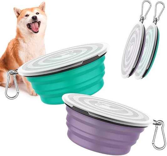 Pawaboo Collapsible Dog Bowls 2 Pack, Silicone Feeding Watering Bowls with Lids & Carabiners for Dogs Cats, Portable Collapsable Water Feeder Food Bowl for Walking Traveling Home Use, VioletTurquoise
