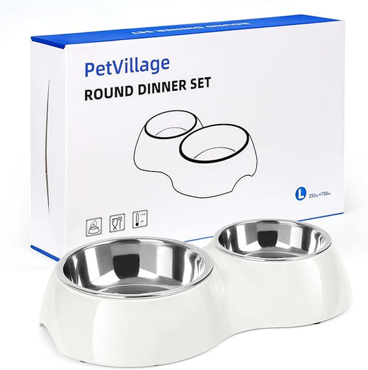 Elevated Dog Bowls Set - Non-Slip Raised Pet Feeder with Medium (10 oz) & Large (20 oz) Stainless Steel Bowls - Includes Durable Resin Stand for Corgi Puppies and Adult Cats - White
