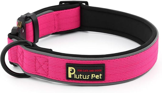 Plutus Pet Tactical Dog Collar, Reflective, Adjustable Heavy Duty Dog Collar, Soft Padded and Comfortable, for Small Medium and Large Dogs (Hot Pink, L)