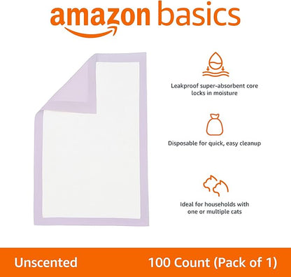Amazon Basics Cat Pee Pads, Super Absorbent, Odor Control, Unscented, Universal Fit for Litter Box, Disposable, White/Purple, 100 Count
