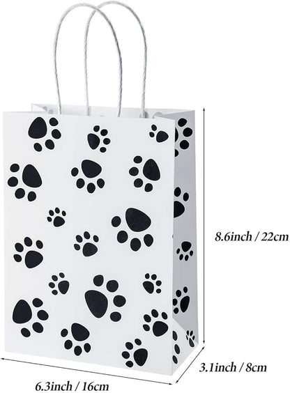 Blulu 20 Pcs Puppy Dog Paw Gift Bags with Paper Twist Handles, Dog Gift Paper Paw Treat Goodie Bags for PET Treat Party Favor, 6.3 x 3.1 x 8.6 Inch(White Backing)